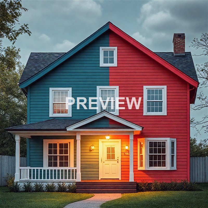A two-story house painted in half blue and half red with white trim, featuring a small front porch with a lit exterior light, set against a cloudy sky.